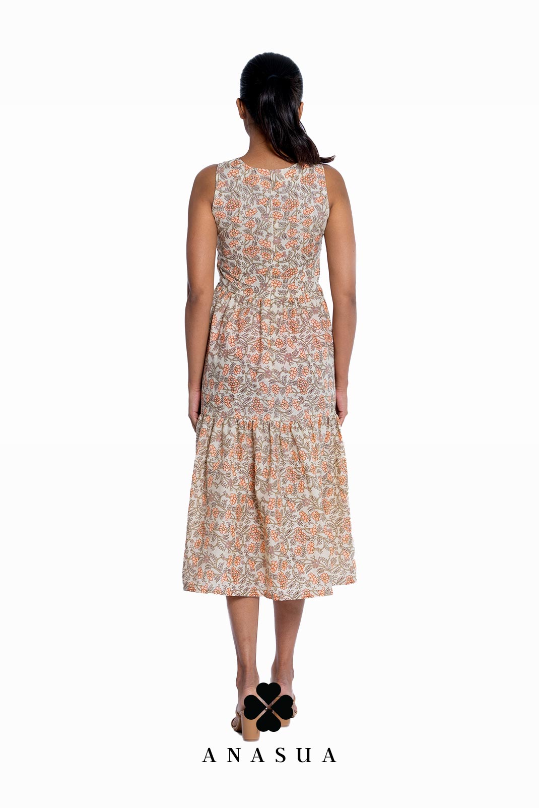 Beige Tiered Midi Sundress with Orange Floral Print | Anasua