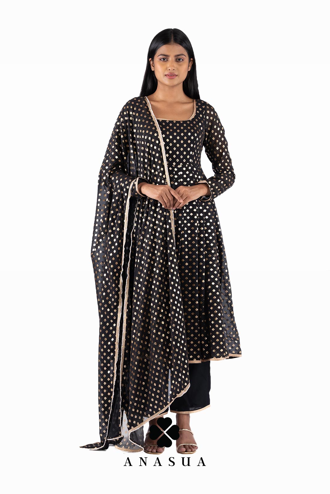 Black Foil Anarkali Suit Set | Anasua