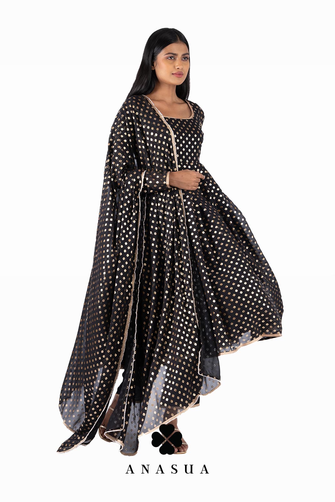 Black Foil Anarkali Suit Set | Anasua