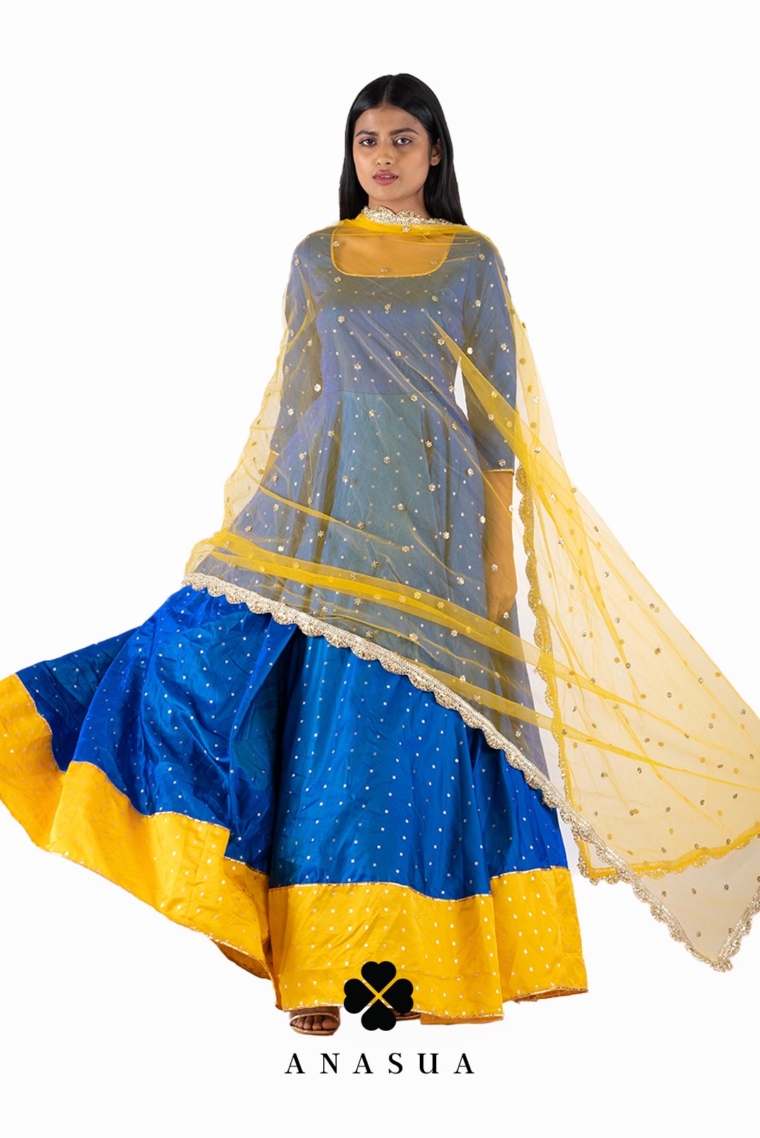 Blue and Yellow Anarkali Dress Set | Anasua