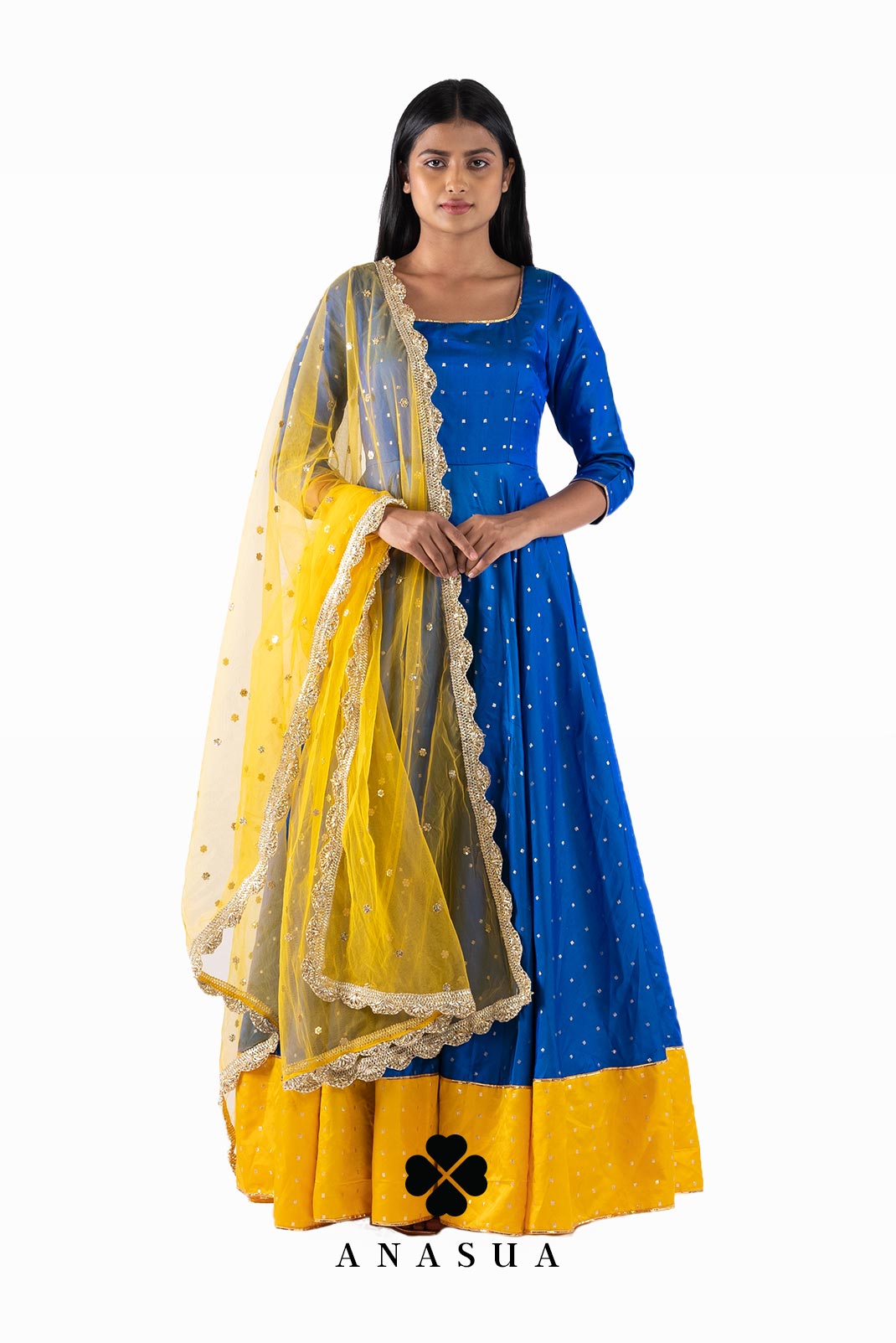 Blue and Yellow Anarkali Dress Set | Anasua