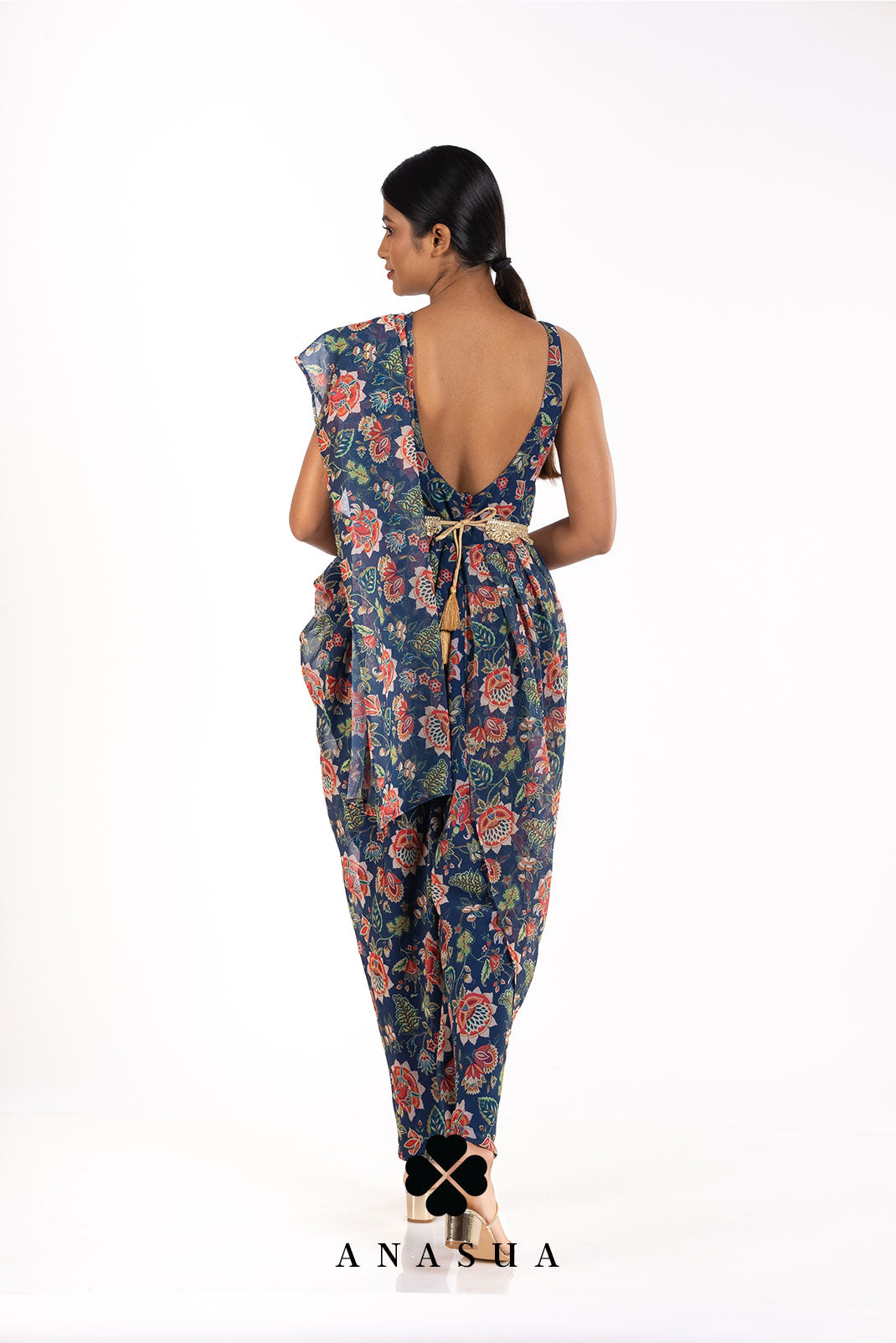 Blue Floral Dhoti Saree Jumpsuit Set | Anasua