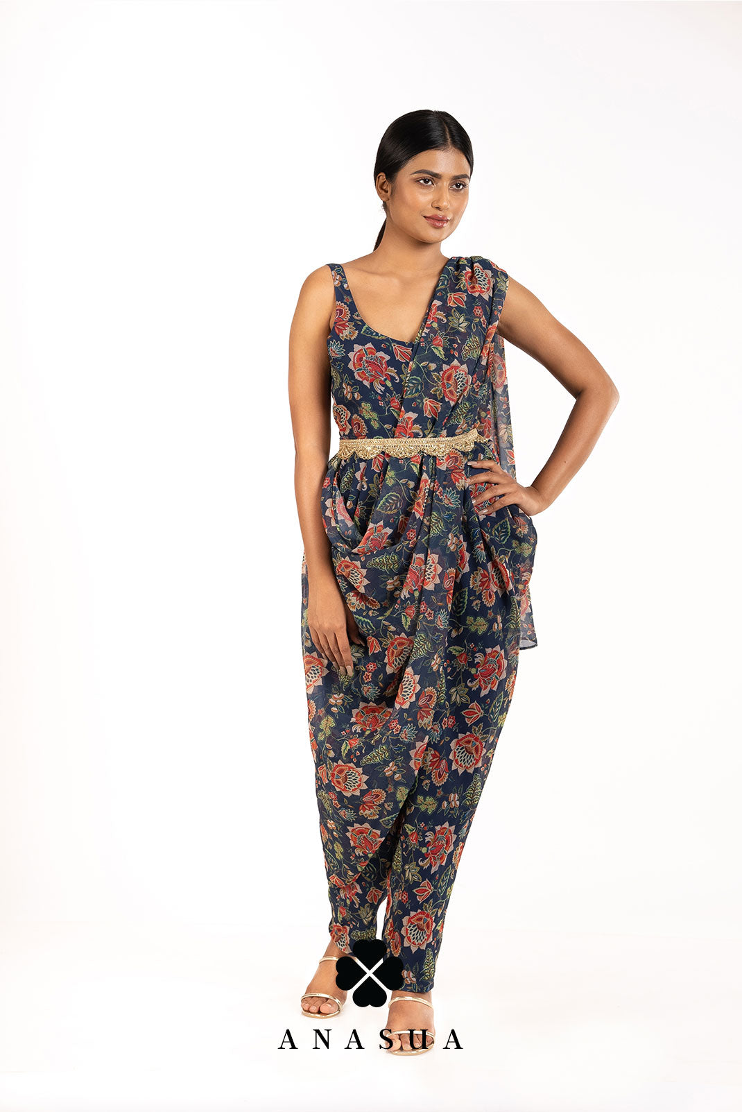 Blue Floral Dhoti Saree Jumpsuit Set | Anasua