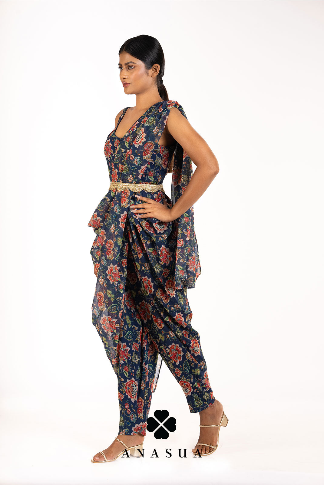 Blue Floral Dhoti Saree Jumpsuit Set | Anasua