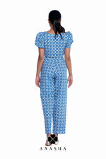 Blue Floral Puff Sleeve Crop Top & Pant Co-Ord Set | Anasua