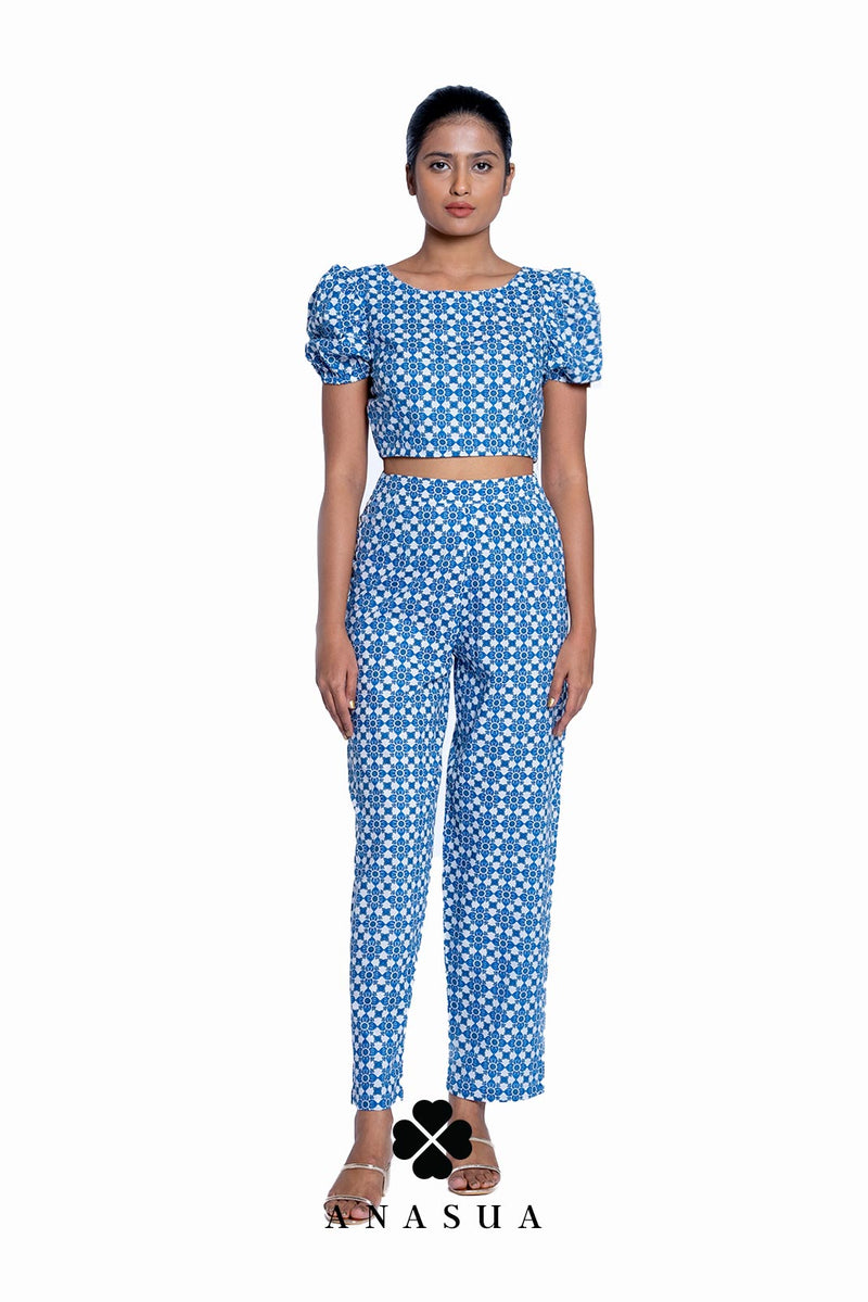 Blue Floral Puff Sleeve Crop Top & Pant Co-Ord Set | Anasua