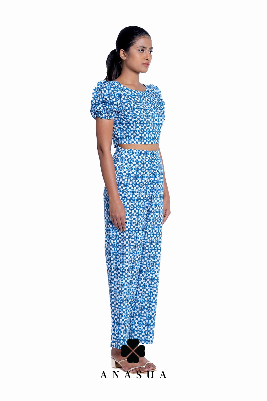 Blue Floral Puff Sleeve Crop Top & Pant Co-Ord Set | Anasua