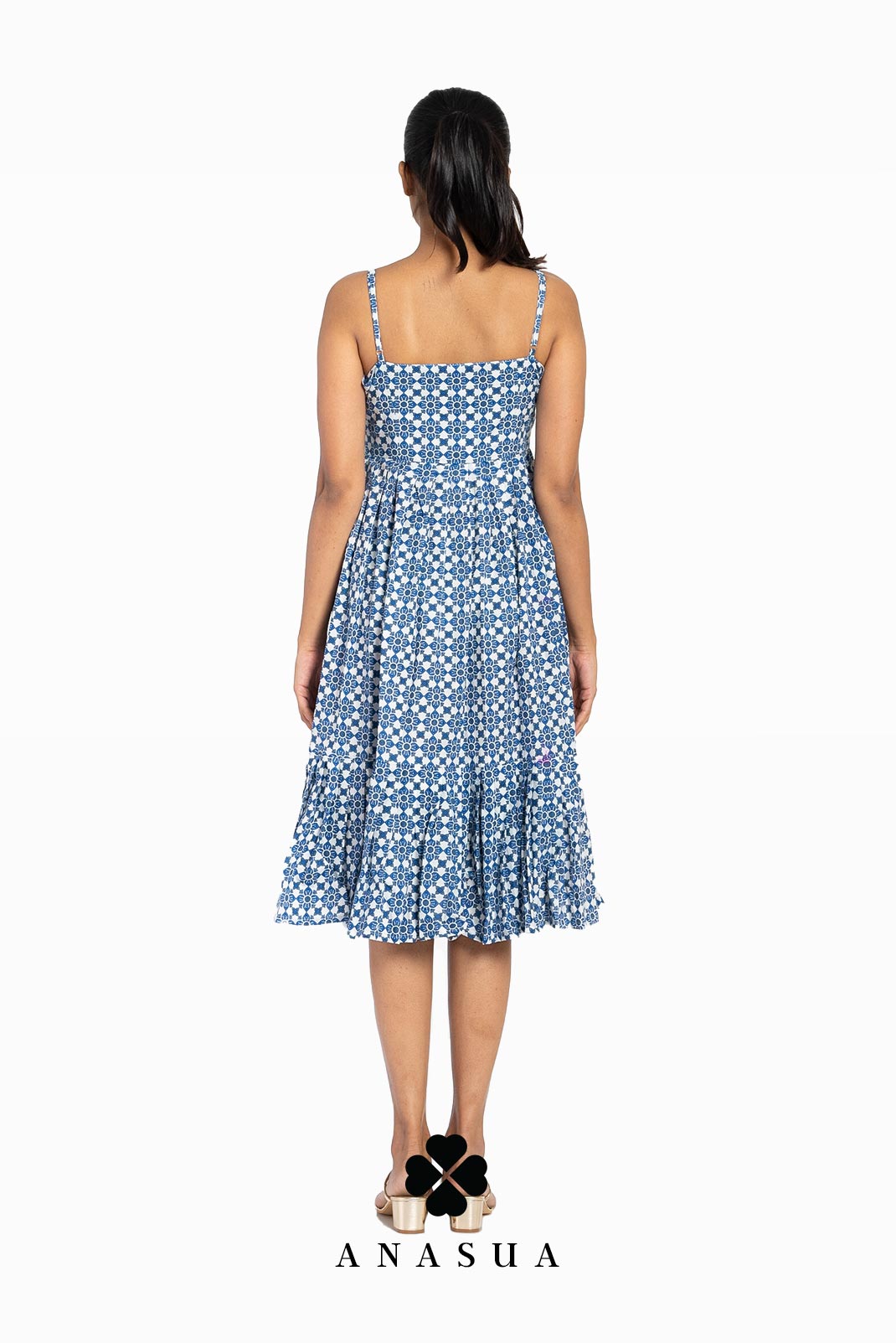 Blue Motif Spaghetti Strap Midi Sundress | Anasua