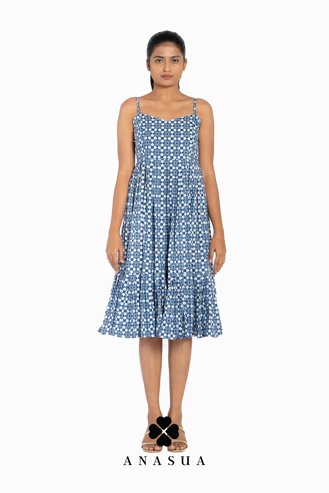 Blue Motif Spaghetti Strap Midi Sundress | Anasua