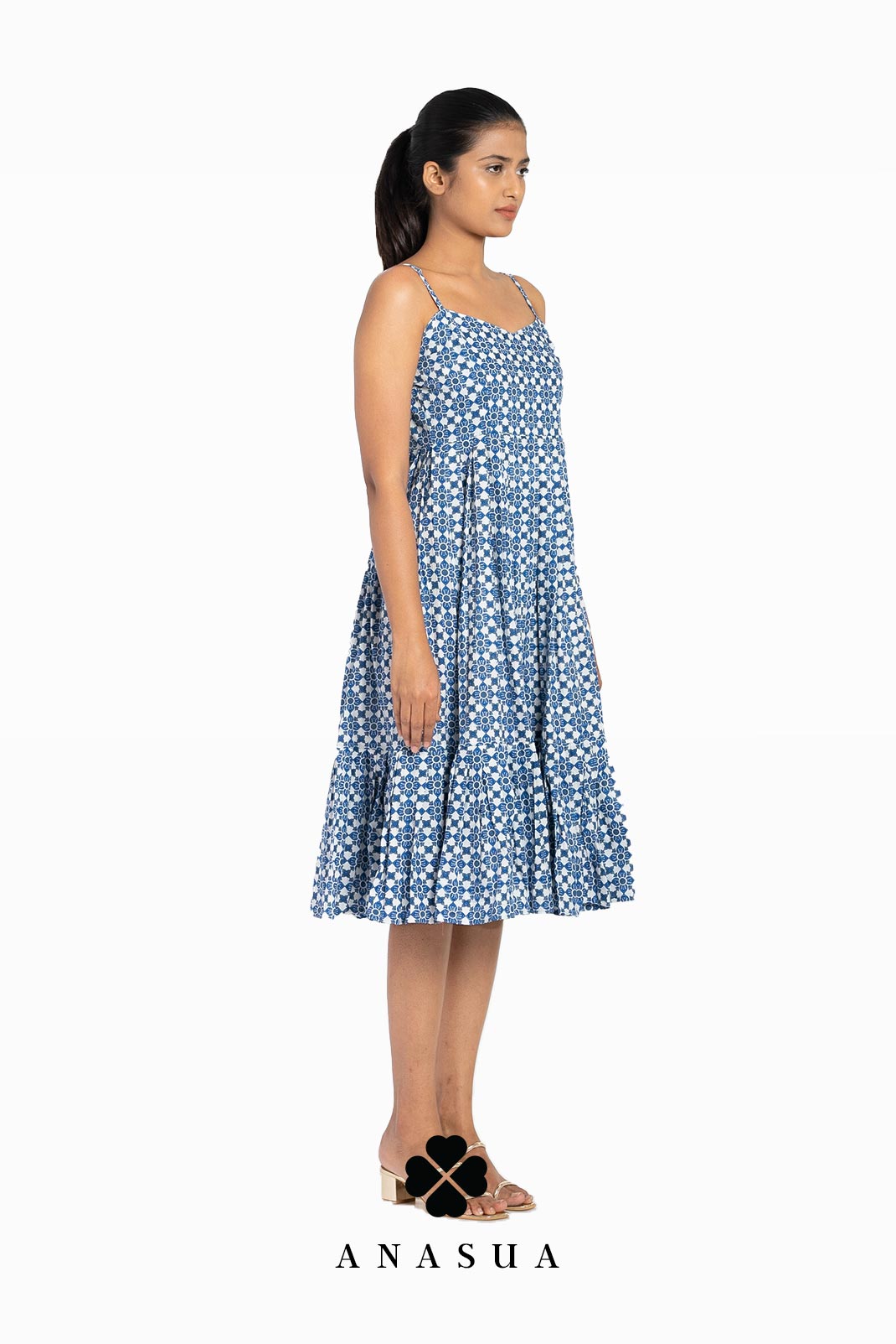 Blue Motif Spaghetti Strap Midi Sundress | Anasua