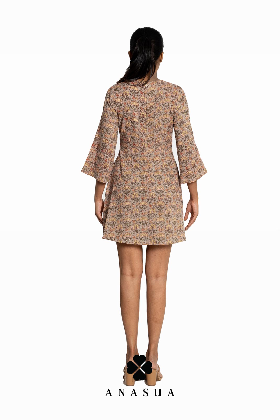 Brown Floral Printed Bell Sleeve Short Dress | Anasua