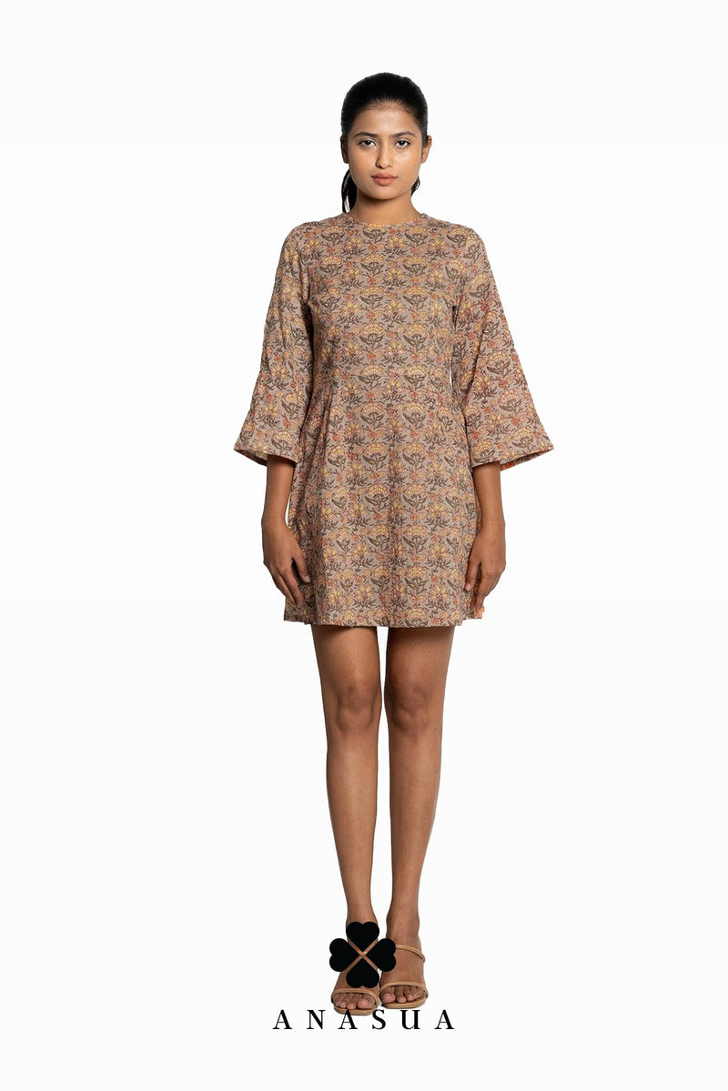 Brown Floral Printed Bell Sleeve Short Dress | Anasua