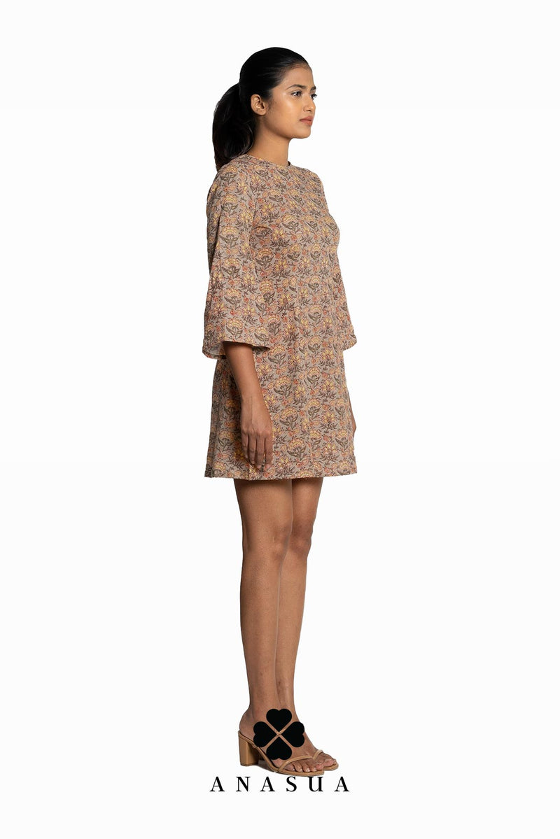 Brown Floral Printed Bell Sleeve Short Dress | Anasua