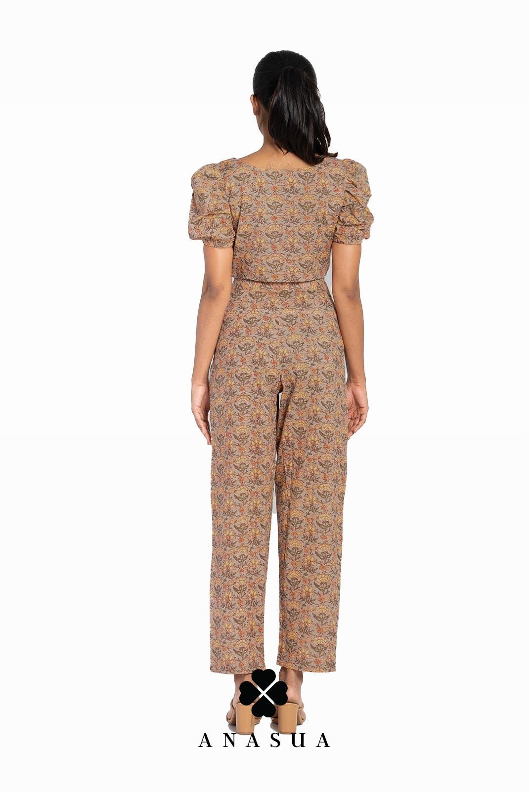 Brown Floral Puff Sleeve Crop Top & Pant Co-Ord Set | Anasua