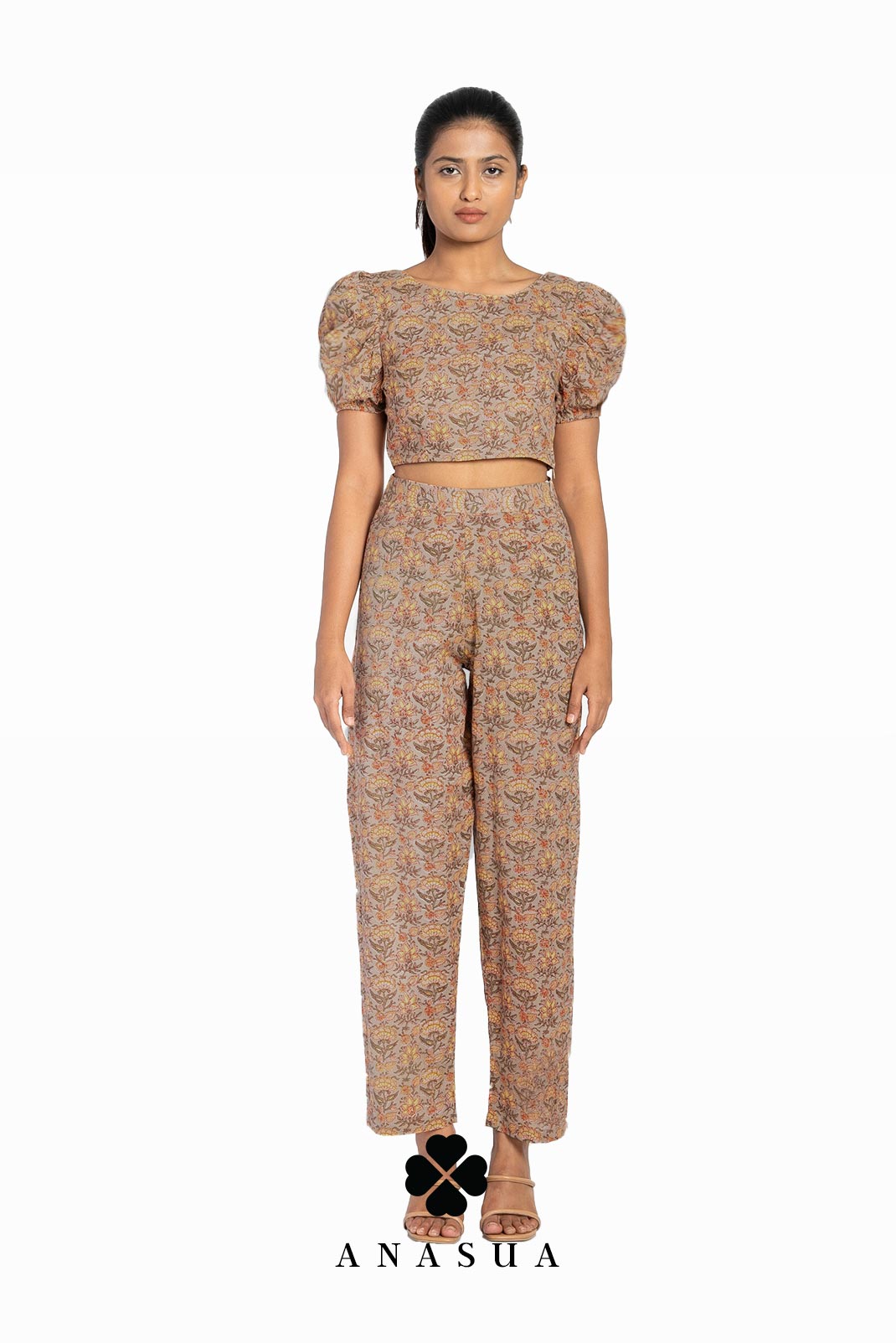 Brown Floral Puff Sleeve Crop Top & Pant Co-Ord Set | Anasua