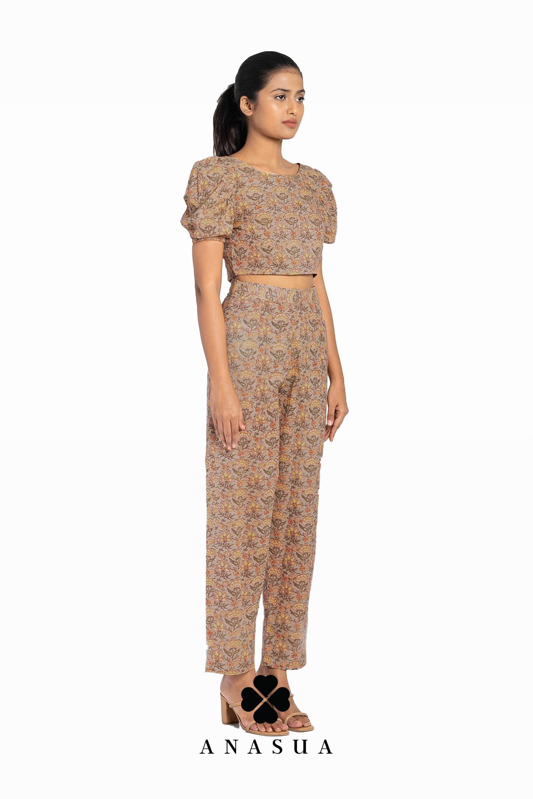 Brown Floral Puff Sleeve Crop Top & Pant Co-Ord Set | Anasua