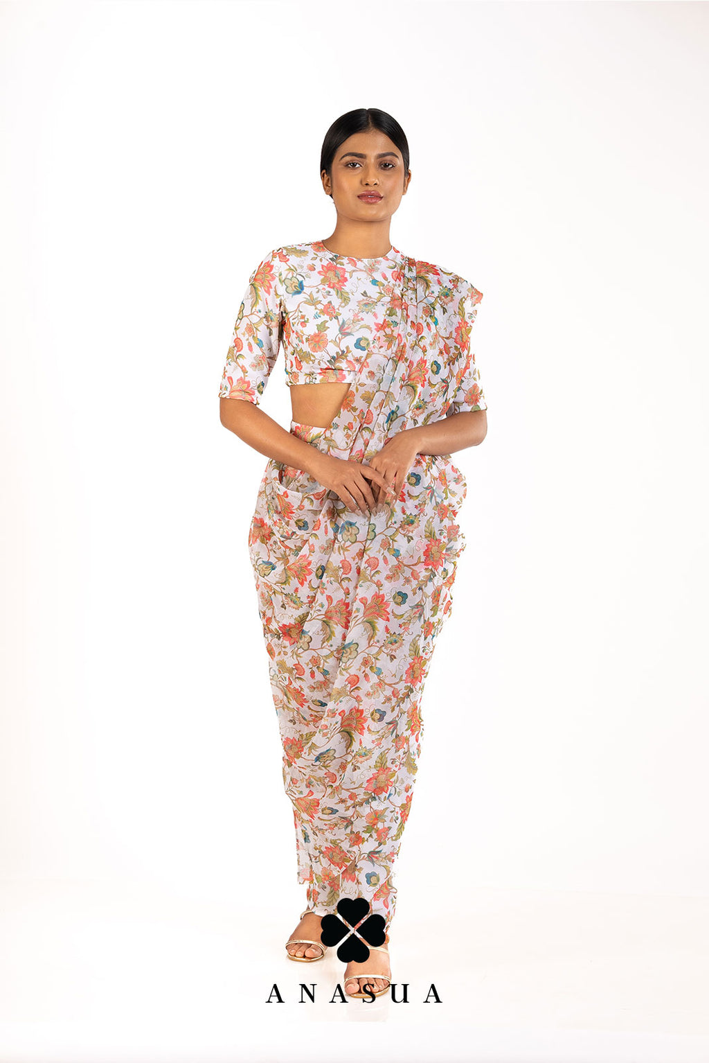 Cream Floral Dhoti Saree Set | Anasua