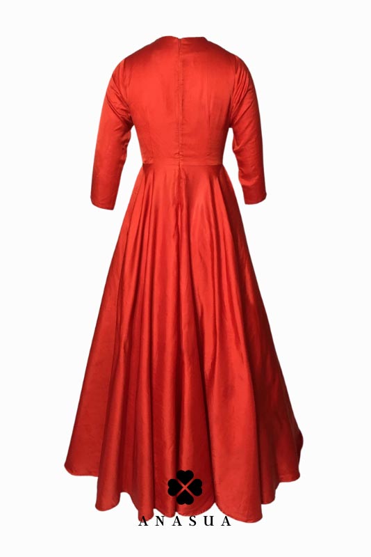 Crimson Red Taffeta Floor Length Flare Anarkali Set | Anasua