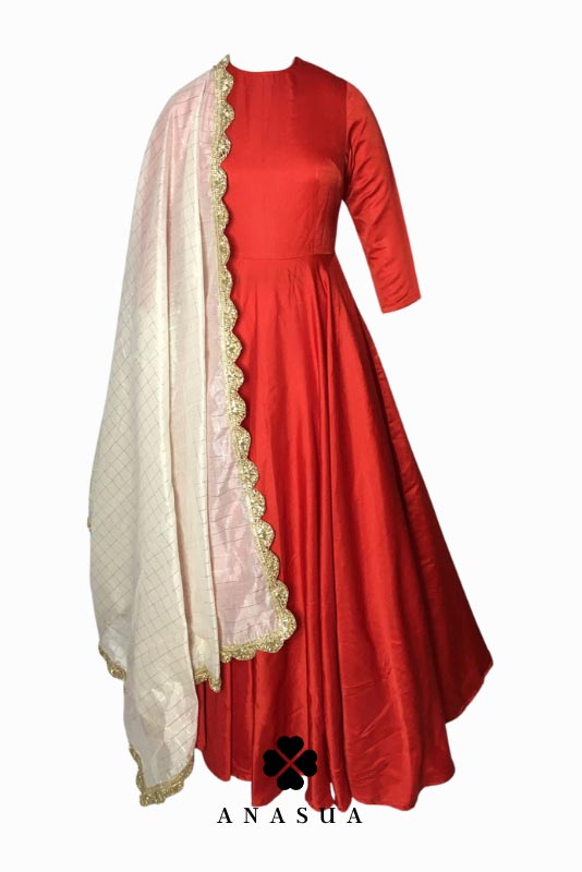 Crimson Red Taffeta Floor Length Flare Anarkali Set | Anasua