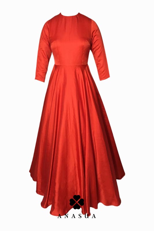 Crimson Red Taffeta Floor Length Flare Anarkali Set | Anasua