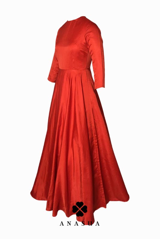 Crimson Red Taffeta Floor Length Flare Anarkali Set | Anasua