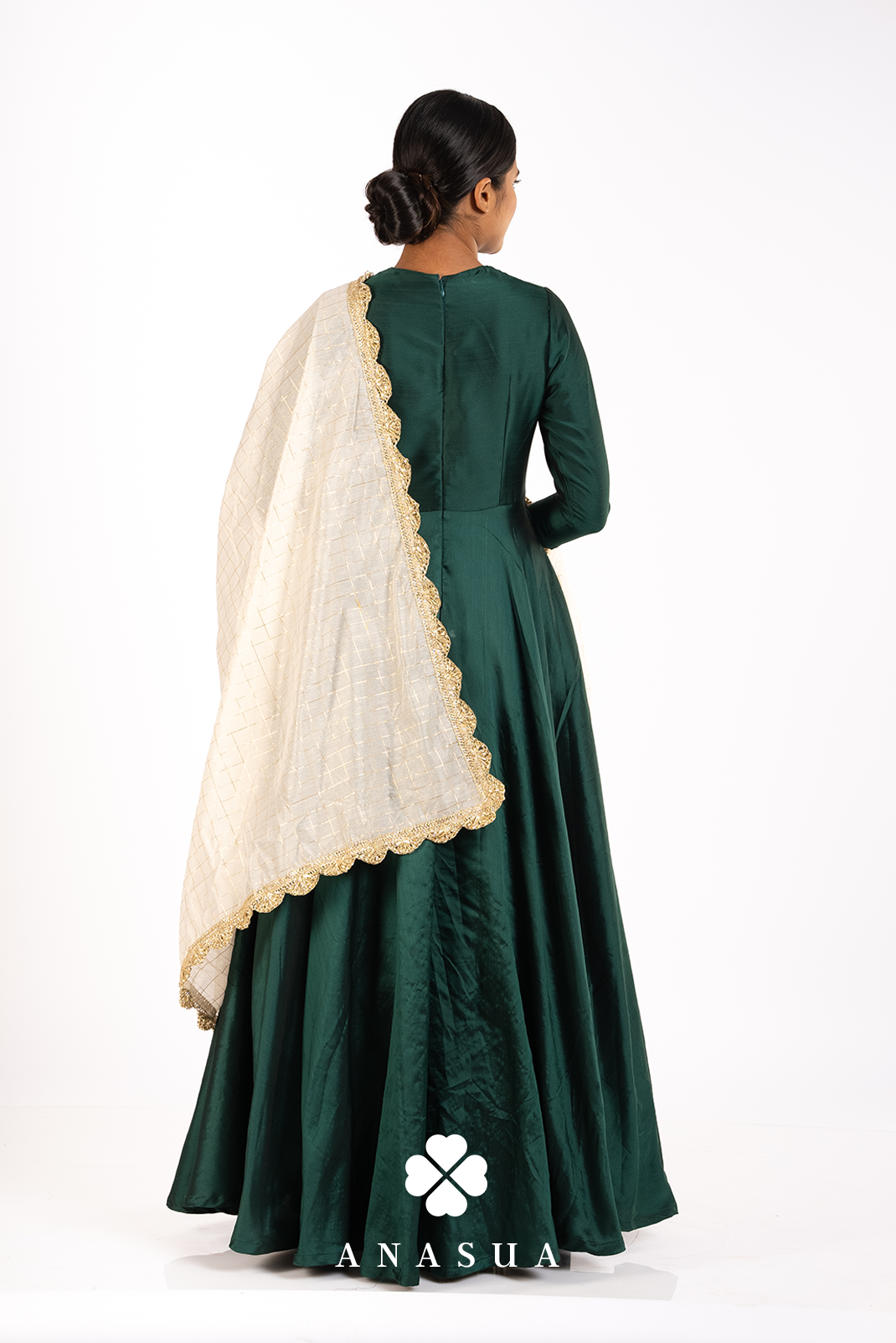 Emerald Green Taffeta Floor Length Flare Anarkali Set | Anasua