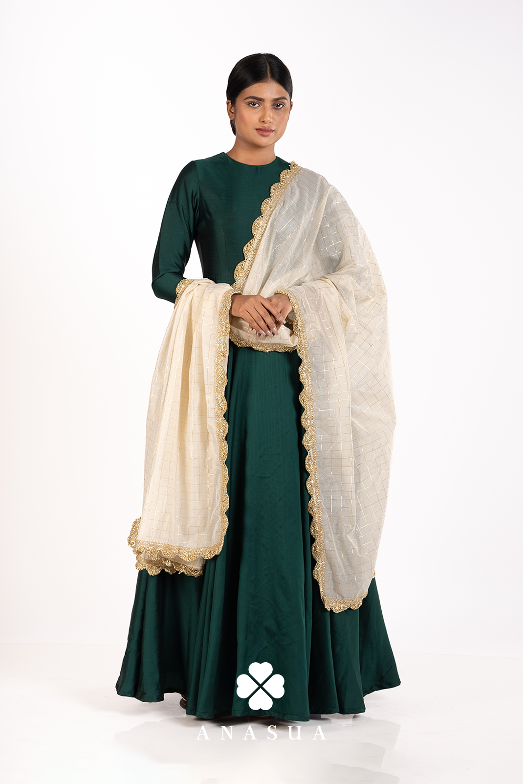 Emerald Green Taffeta Floor Length Flare Anarkali Set | Anasua