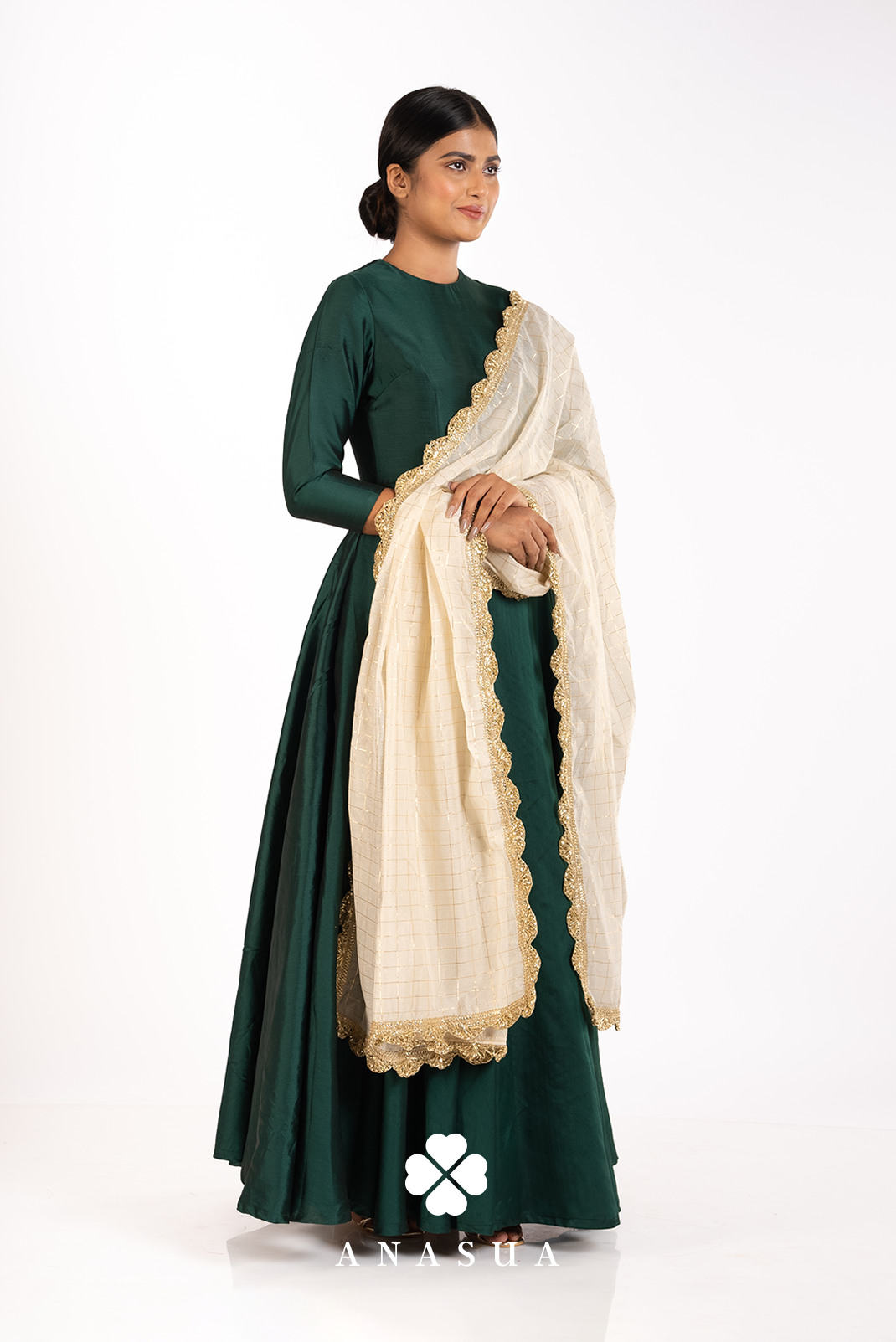 Emerald Green Taffeta Floor Length Flare Anarkali Set | Anasua