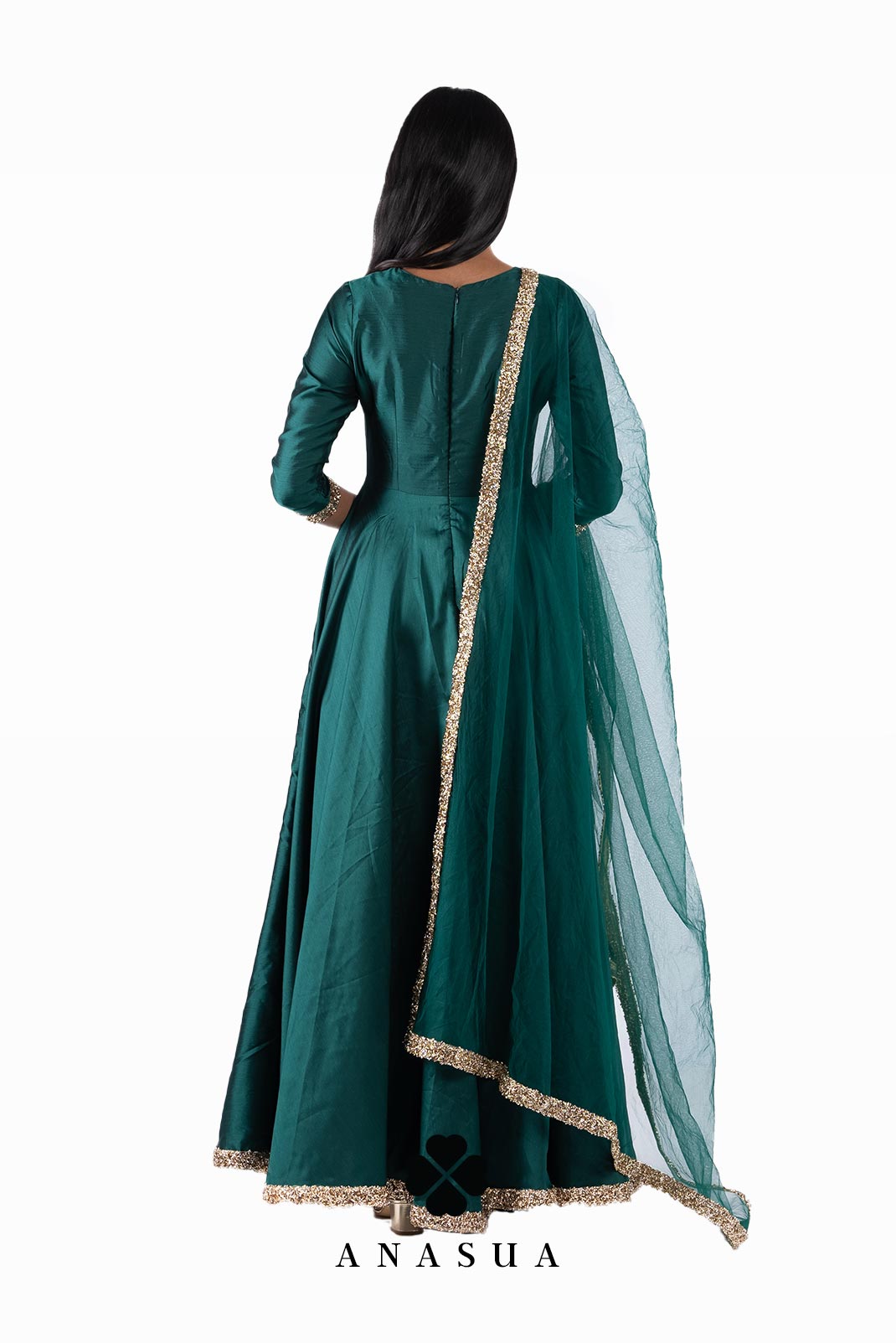 Emerald Green Silk Anarkali Dress Set | Anasua