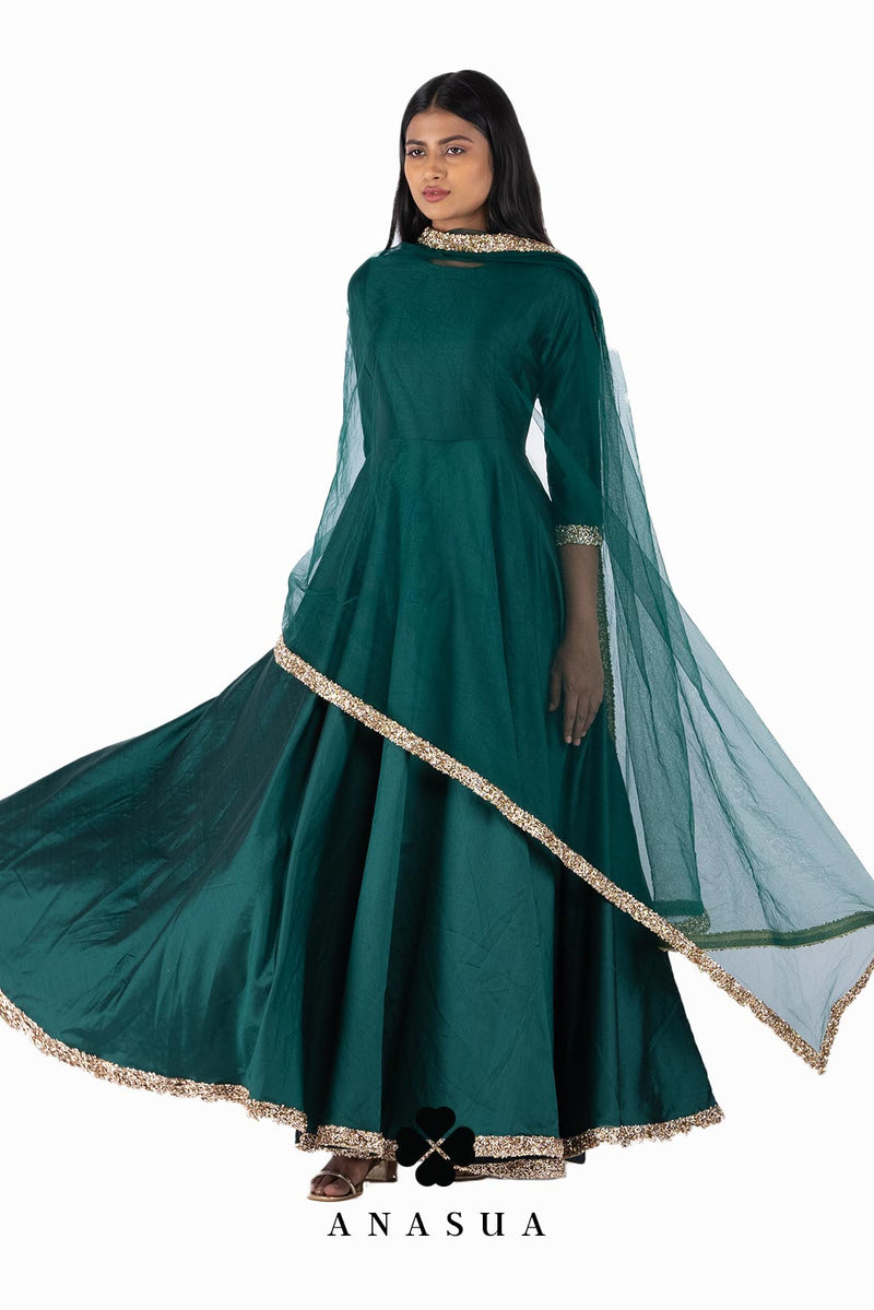 Emerald Green Silk Anarkali Dress Set | Anasua