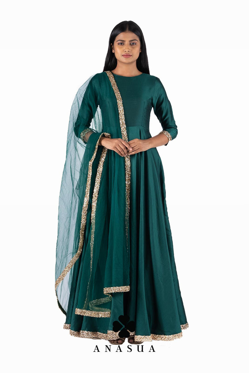 Emerald Green Silk Anarkali Dress Set | Anasua