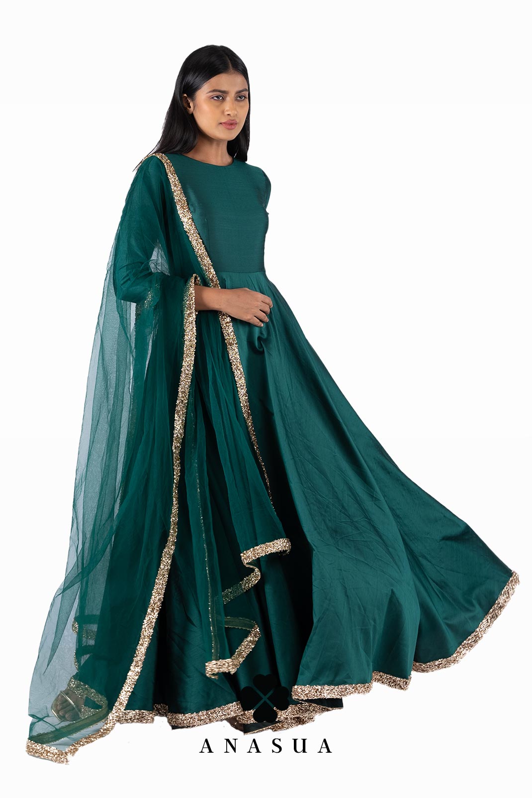 Emerald Green Silk Anarkali Dress Set | Anasua