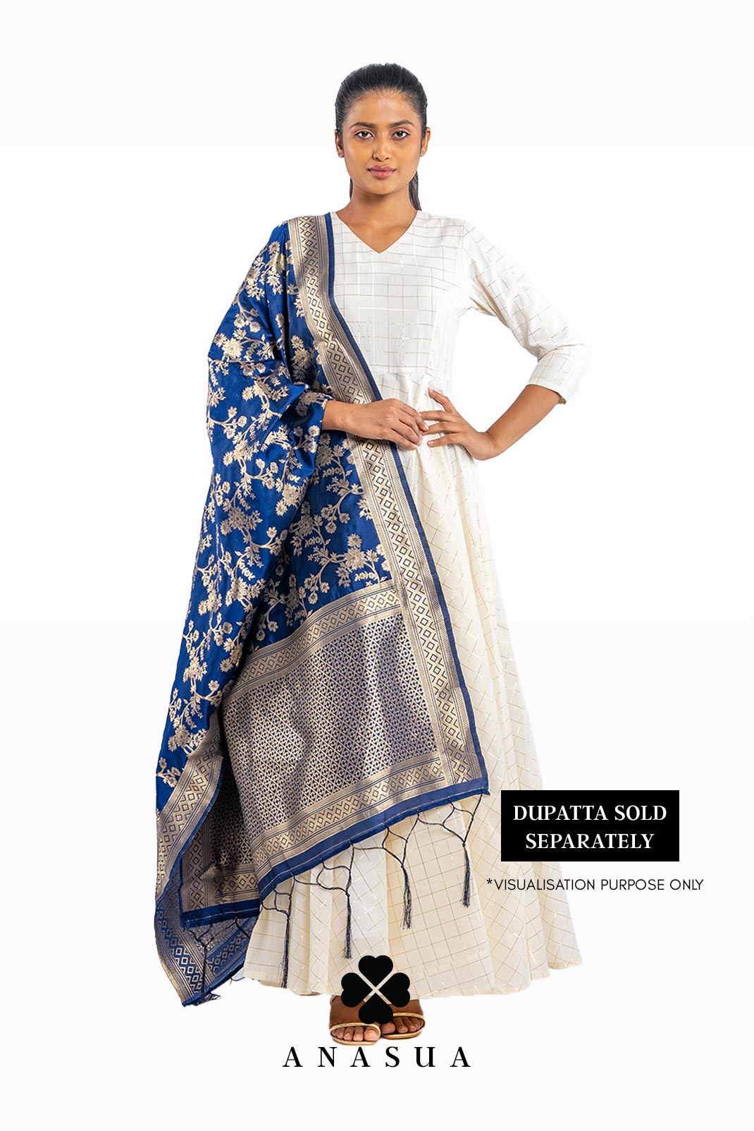 Floral Navy Blue Banarasi Dupatta | Anasua