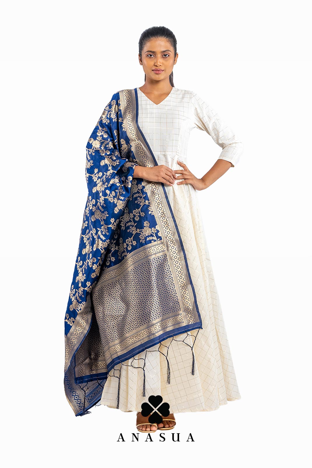 Floral Navy Blue Banarasi Dupatta | Anasua