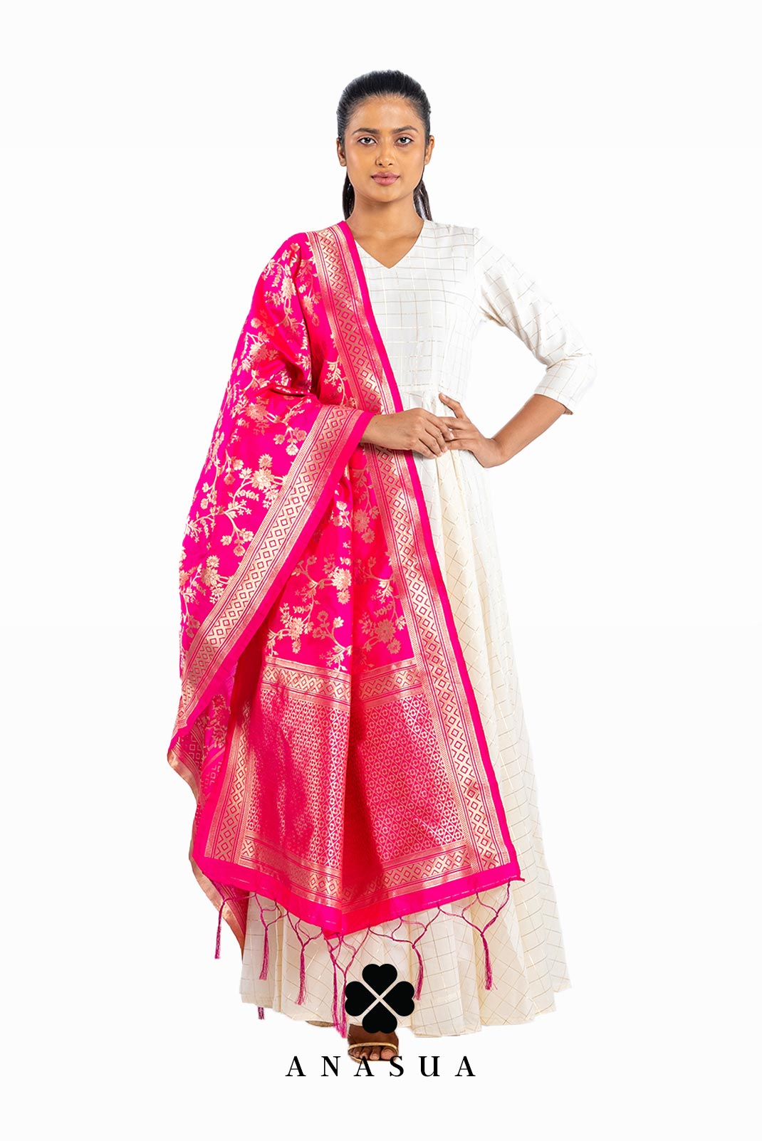 Floral Pink Banarasi Dupatta | Anasua