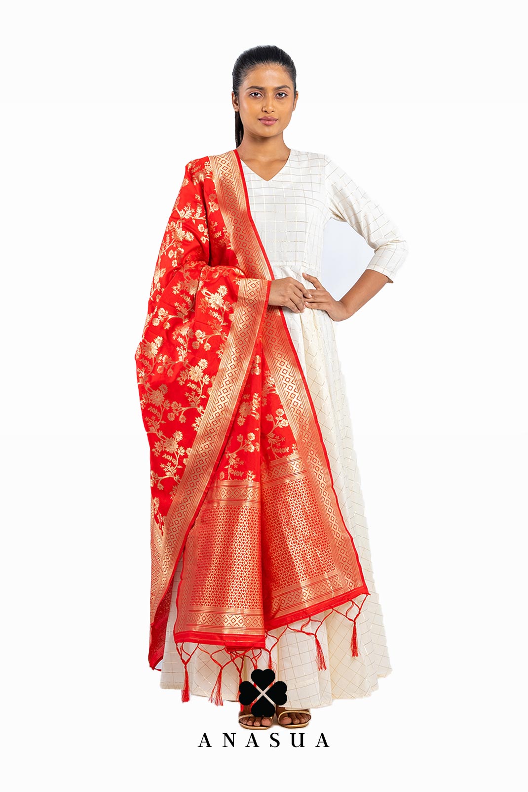 Floral Red Banarasi Dupatta | Anasua