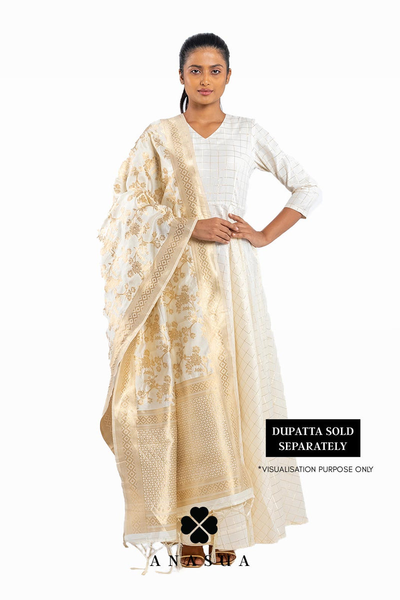 Cream Checkered Chanderi Silk Ankle Length Flare Anarkali Dress - shopanasua