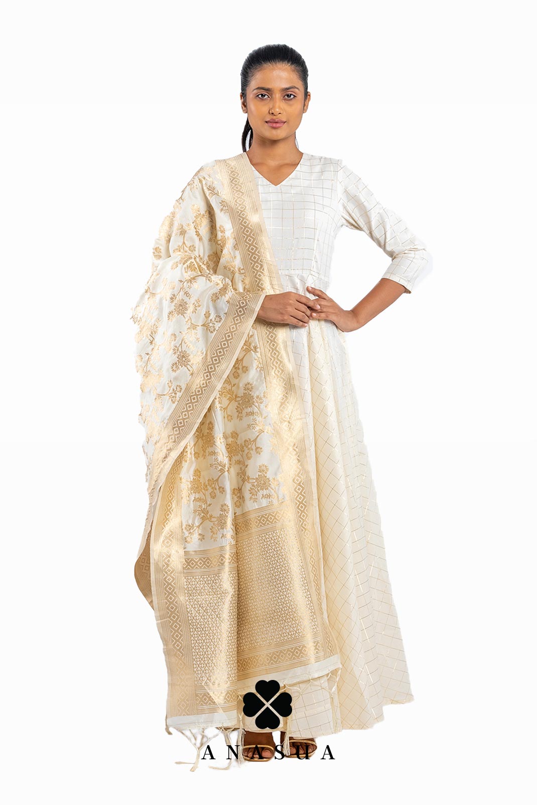 Floral White Banarasi Dupatta | Anasua