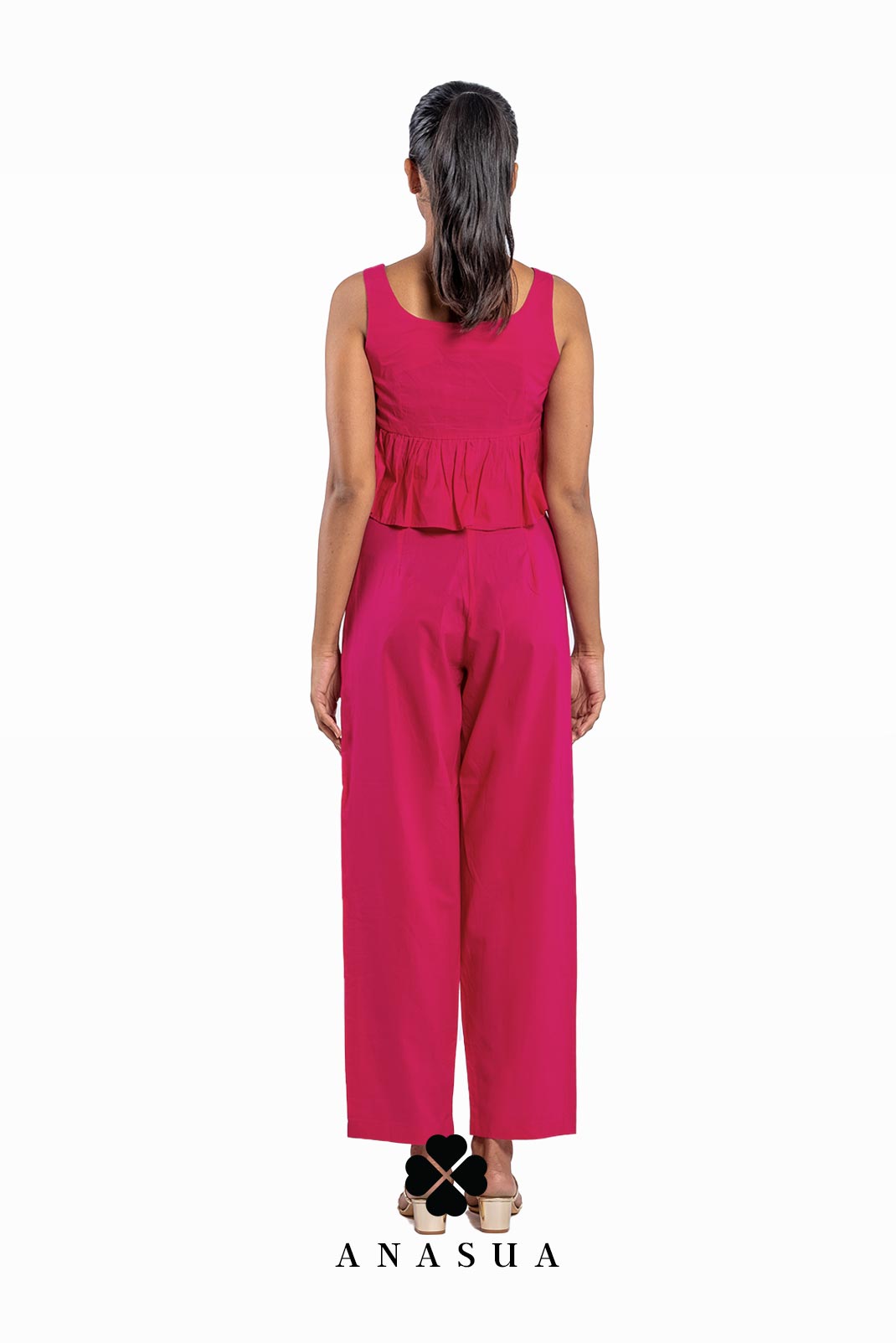 Fuchsia Pink Peplum Top & Crop Pant Co-Ord Set | Anasua