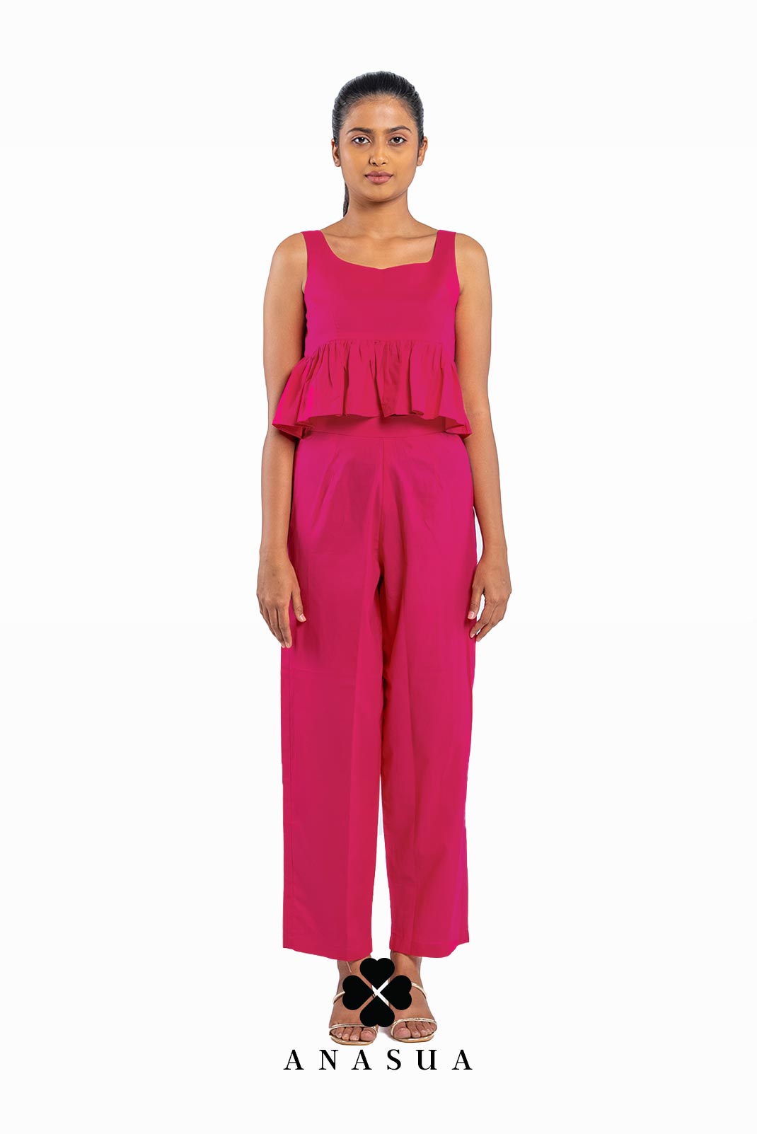 Fuchsia Pink Peplum Top & Crop Pant Co-Ord Set | Anasua