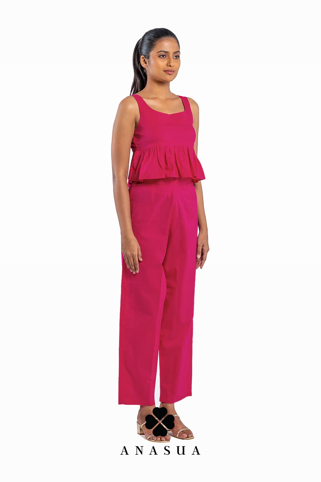 Fuchsia Pink Peplum Top & Crop Pant Co-Ord Set | Anasua