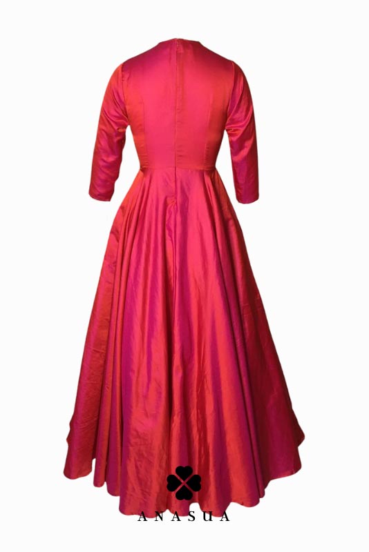 Fuchsia Pink Taffeta Floor Length Flare Anarkali Set | Anasua