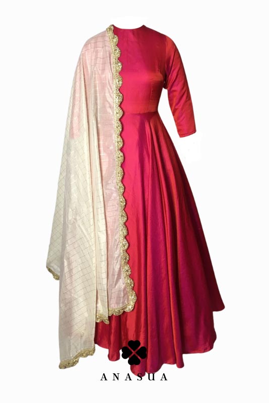 Fuchsia Pink Taffeta Floor Length Flare Anarkali Set | Anasua