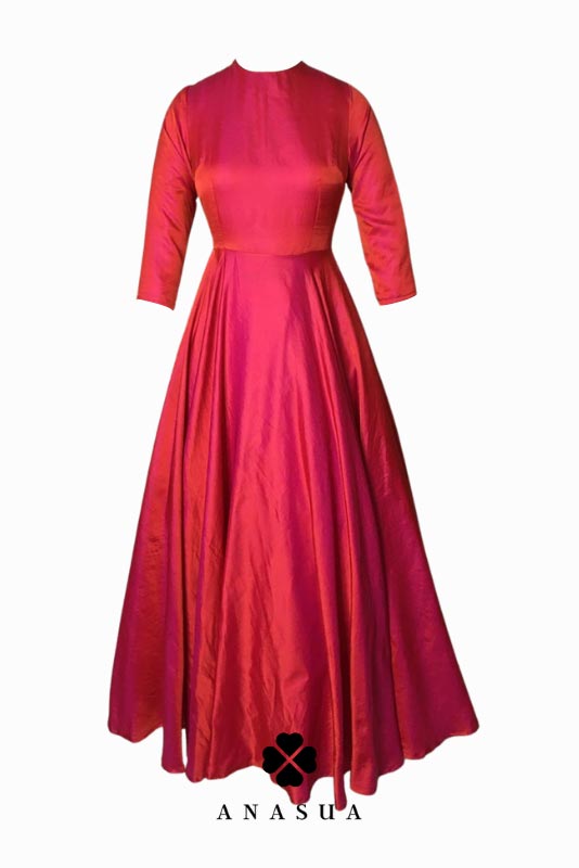 Fuchsia Pink Taffeta Floor Length Flare Anarkali Set | Anasua