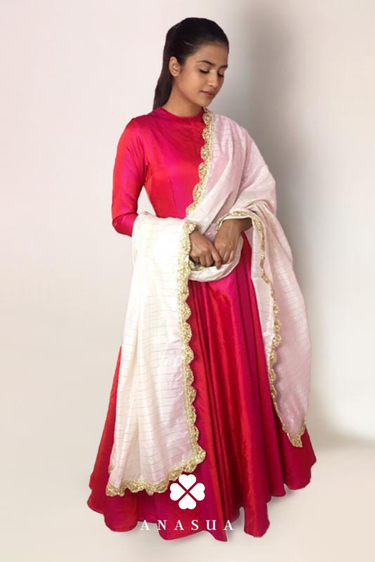 Fuchsia Pink Taffeta Floor Length Flare Anarkali Set | Anasua