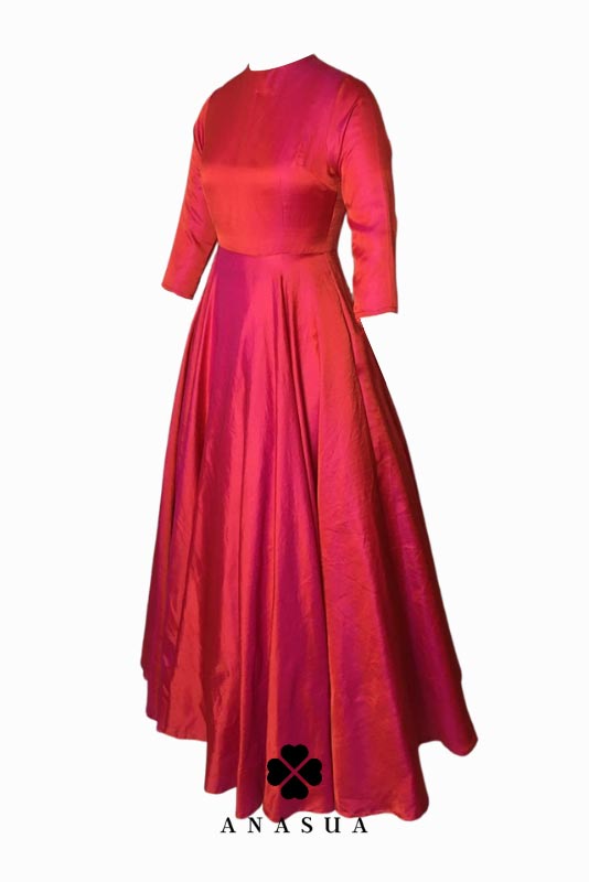 Fuchsia Pink Taffeta Floor Length Flare Anarkali Set | Anasua