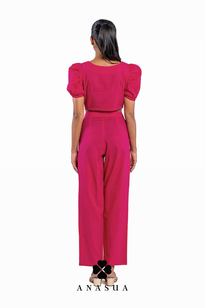 Fuchsia Pink Puff Sleeve Crop Top & Pant Co-Ord Set | Anasua