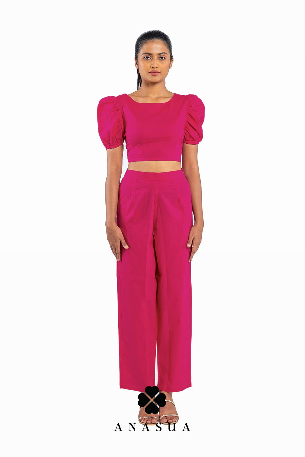 Fuchsia Pink Puff Sleeve Crop Top & Pant Co-Ord Set | Anasua