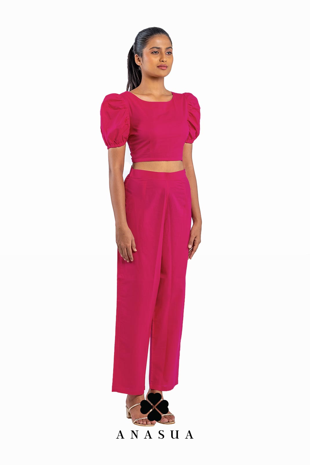 Fuchsia Pink Puff Sleeve Crop Top & Pant Co-Ord Set | Anasua