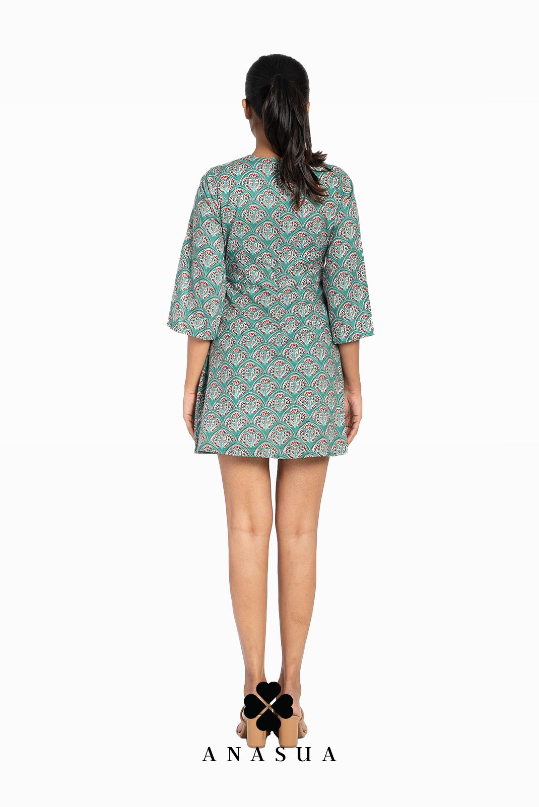 Green Floral Motif Printed Bell Sleeve Short Dress | Anasua